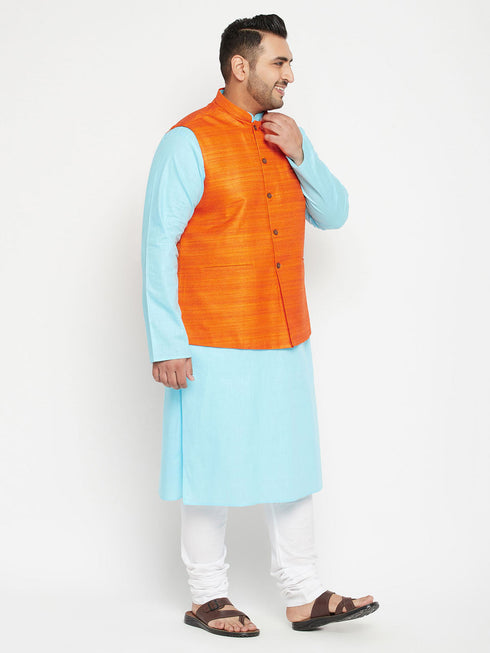 Vastramay Plus Size Men's Aqua Blue Kurta And White Pyjama With Nehru Jacket Set
